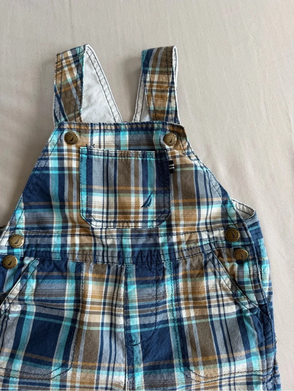 Nautica Blue Plaid Shorts Overalls with Pockets (24M)